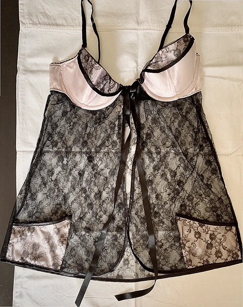 Black / Pink Lace Babydoll Dessous Nightwear S/M Spitze schwarz/rosa 34C Schleife