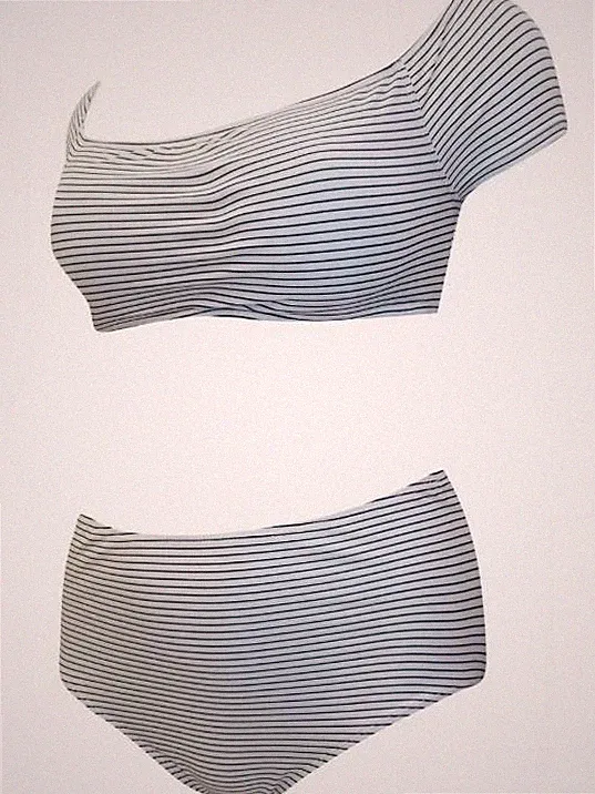 BOOHOO💕SCHWARZ & WEISS GESTREIFTES BROP-TOP BARDOT HOHES BEIN BIKINIHOSE GRÖSSE 22