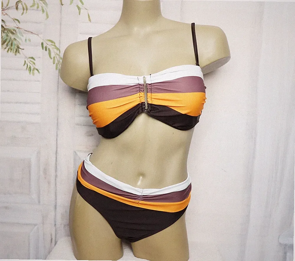 Brauner Bikini Schalen BH 85 B C Slip 44 Braun Gestreift XL