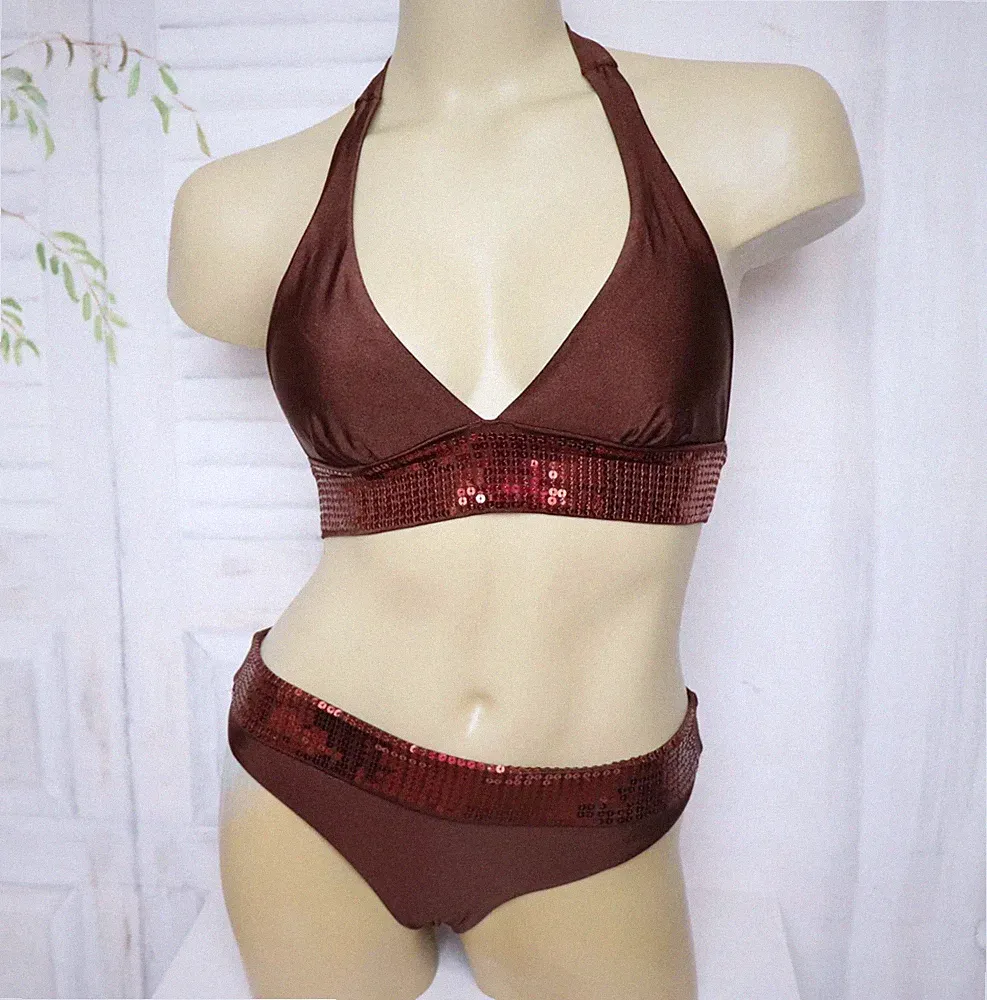 Brauner Pailletten Binde Bikini Neckholder Push Up BH M 38 40 80 A Schwarz P29