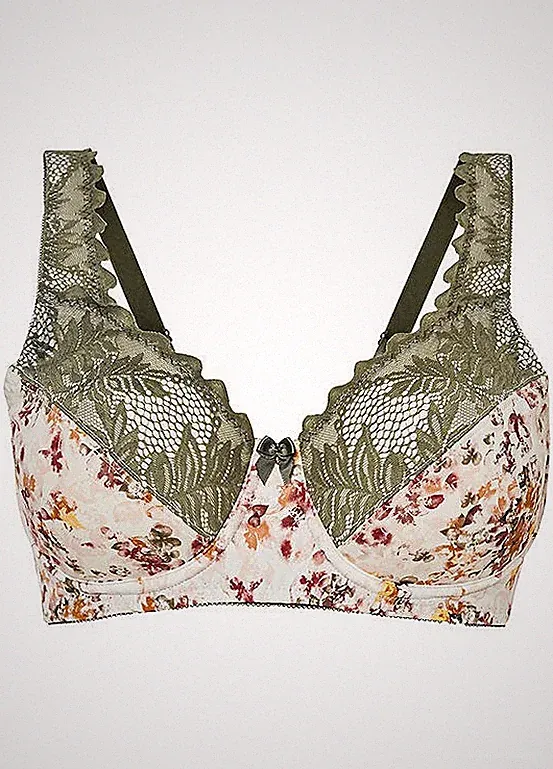 Bügel-BH Gr. (100) F Naturbeige Geblümt Damen-Bra Oberteil Neu*