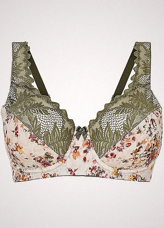 Bügel-BH Gr. (95) F Naturbeige Geblümt Damen-Bra Oberteil Neu*