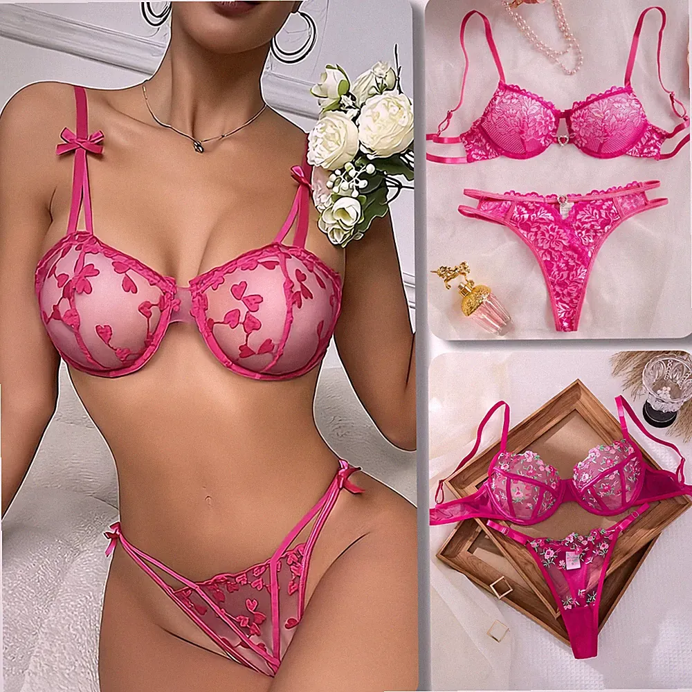 Bügel BH Set Bestickt transparent Soft Cup Damen Dessous String Unterwäsche Pink