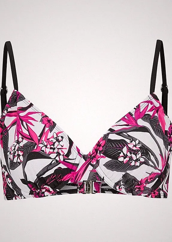Bügel Bikini Oberteil Gr 70 Cup B Schwarz Pink Geblümt Damen Schwimm-Bade-BH Neu