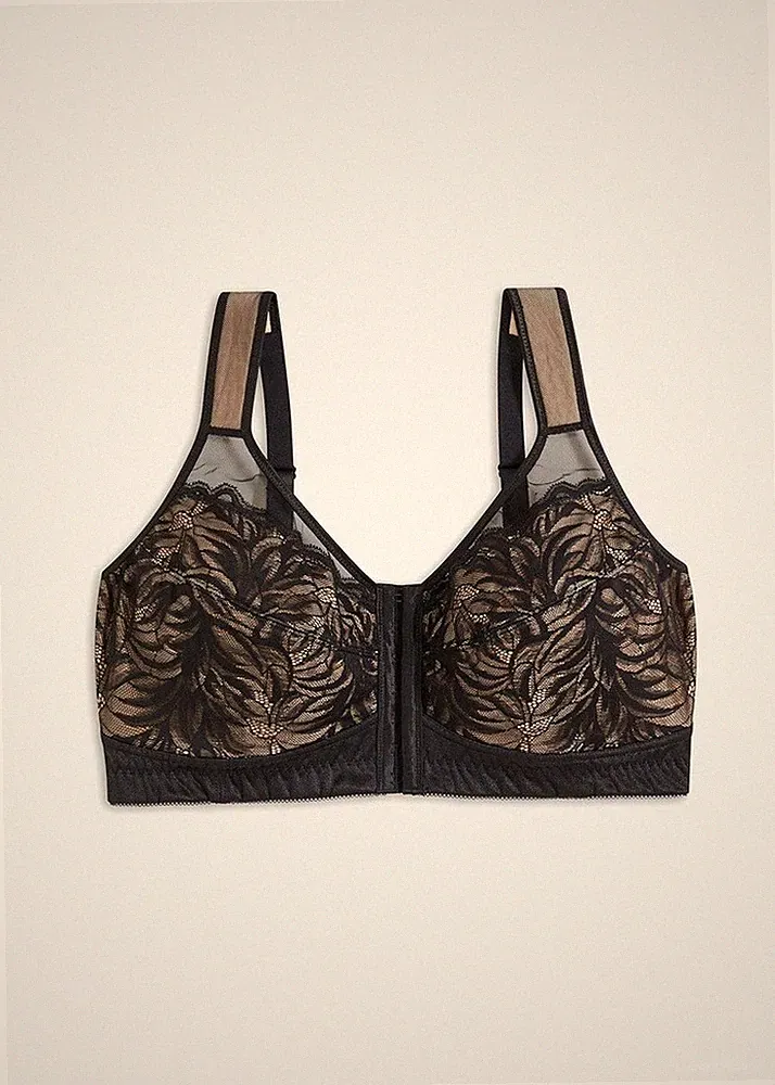 Bügelloser BH mit Frontverschluss Gr 105 Cup D Schwarz Kreidebeige Damen-Bra Neu