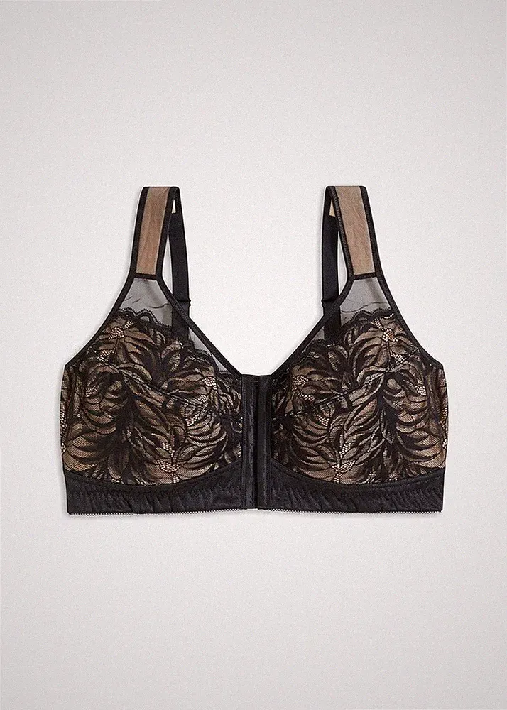 Bügelloser BH mit Frontverschluss Gr 85 Cup D Schwarz Kreidebeige Damen-Bra Neu