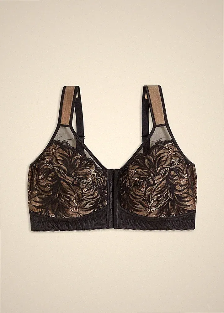 Bügelloser BH mit Frontverschluss Gr 90 Cup D Schwarz Kreidebeige Damen-Bra Neu