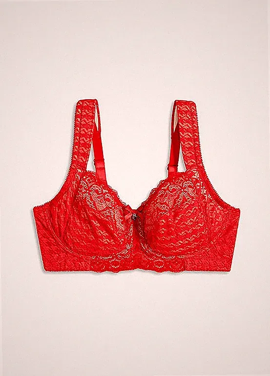 Bügelloser Entlastung-BH Gr. 90 Cup D Rot Unterwäsche mit Spitze Neu