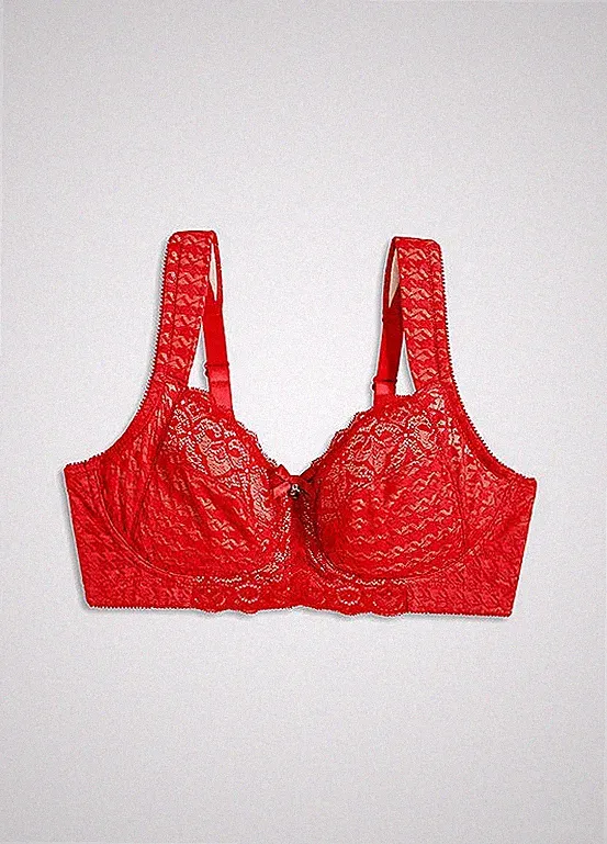 Bügelloser Entlastung-BH mit Spitze Gr. 85 Cup D Rot Damen-Bra Oberteil Neu*