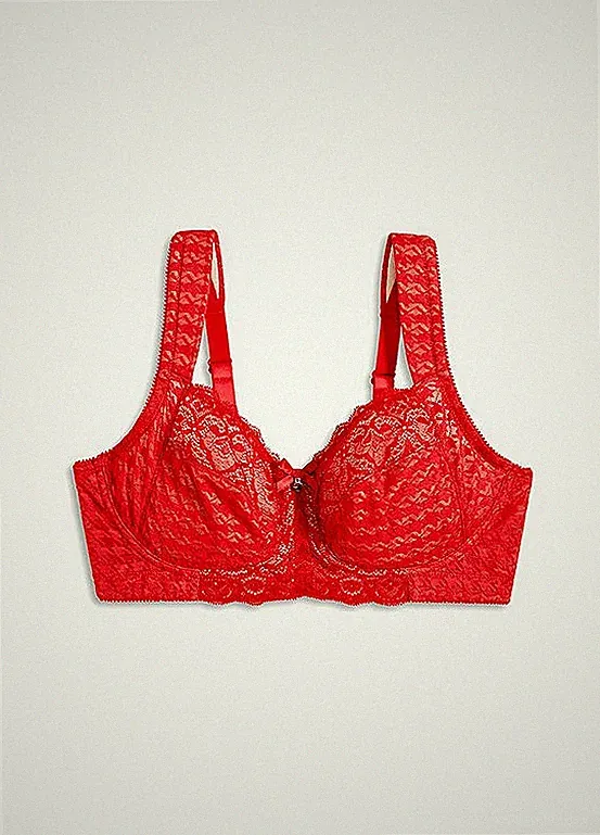 Bügelloser Entlastung-BH mit Spitze Gr. 90 Cup D Rot Damen-Bra Oberteil Neu*