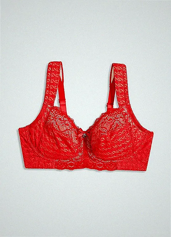 Bügelloser Entlastung-BH mit Spitze Gr. (95) D Rot Damen-Bra Oberteil Neu*