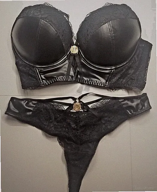 Censored Leder Pushup BH-Set, 80D und Slip M mit goldenen Details und Spitze