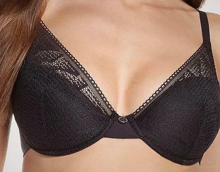 Chantelle Plunge Bügel BH Gr.75G UK 34F Leicht wattiert geformt Spitze Schwarz