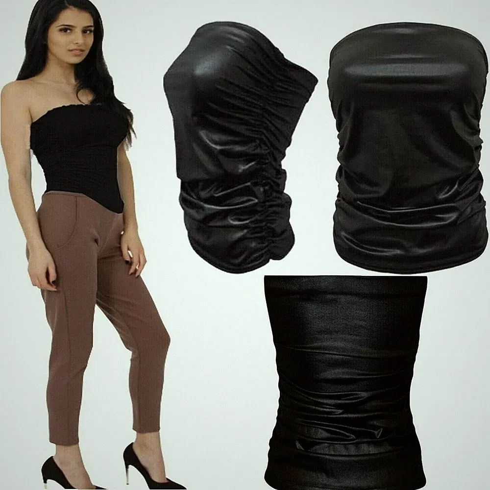 Damen ärmellos Wetlook Boob Röhre Bandeau trägerlos gerafft Weste Übergröße Top
