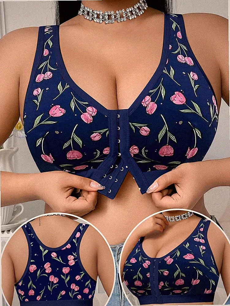 Damen BH 5XL 54 Marineblau Blumen Bügellos Frontverschluss Plus Size