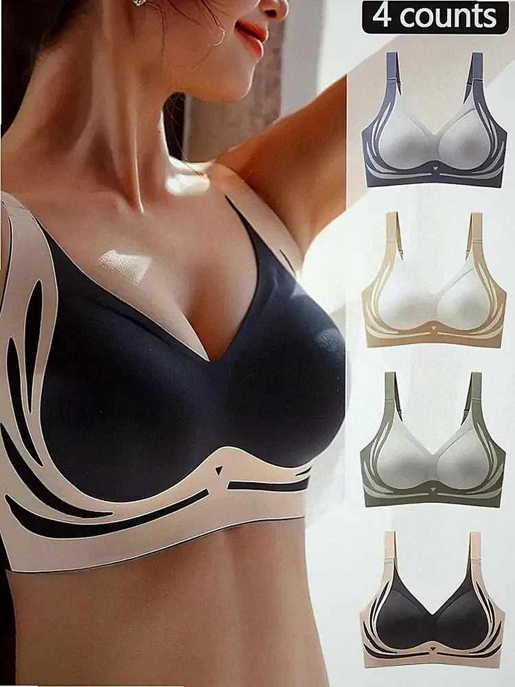 Damen BH Bustier Push-Up soft Sport-BH Nahtloser BH 4er Set Unterwäsche S-XXL