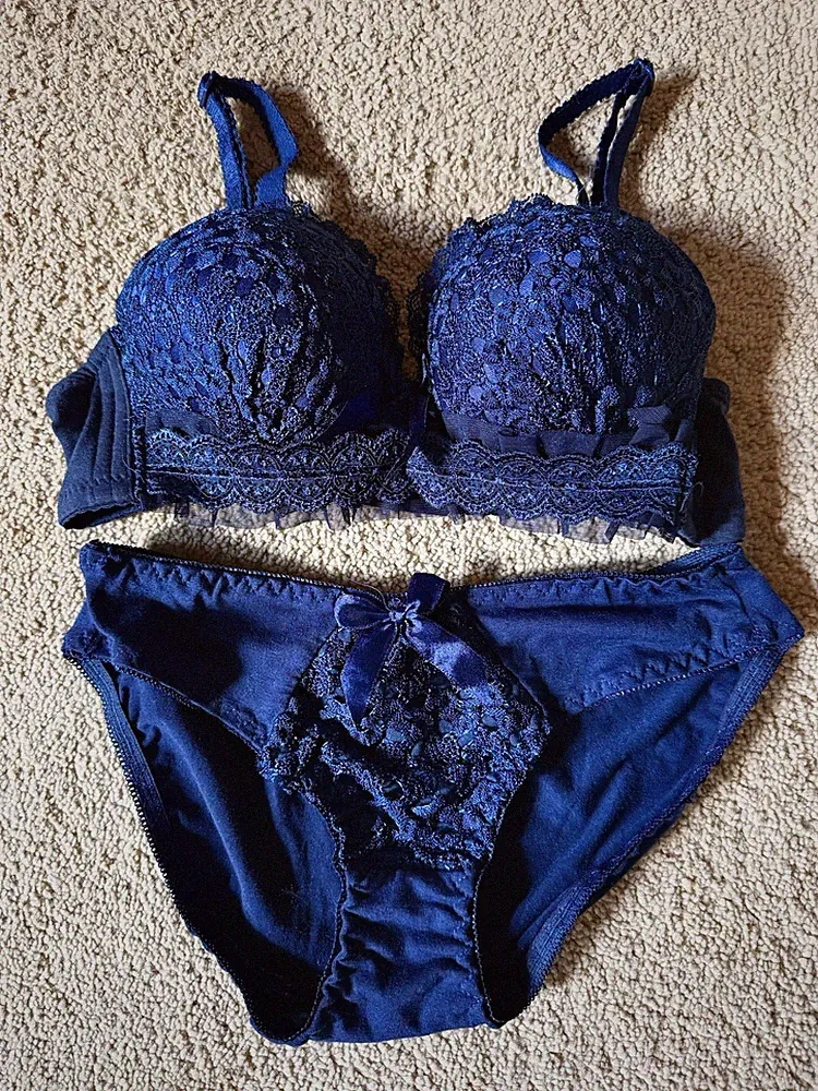 Damen BH-Set Push-Up A Cup XS blau Spitze mit Bügel inkl. Slip Schleife