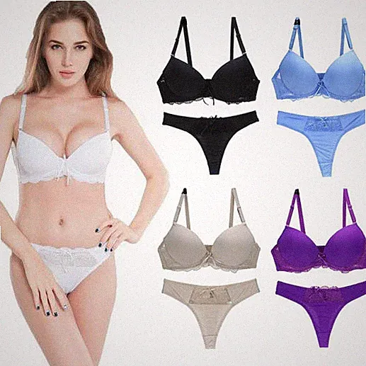 Damen BH-Set Spitze V Push Up Bügel BH Bra und Slip Dessous Unterwäsche Lingerie