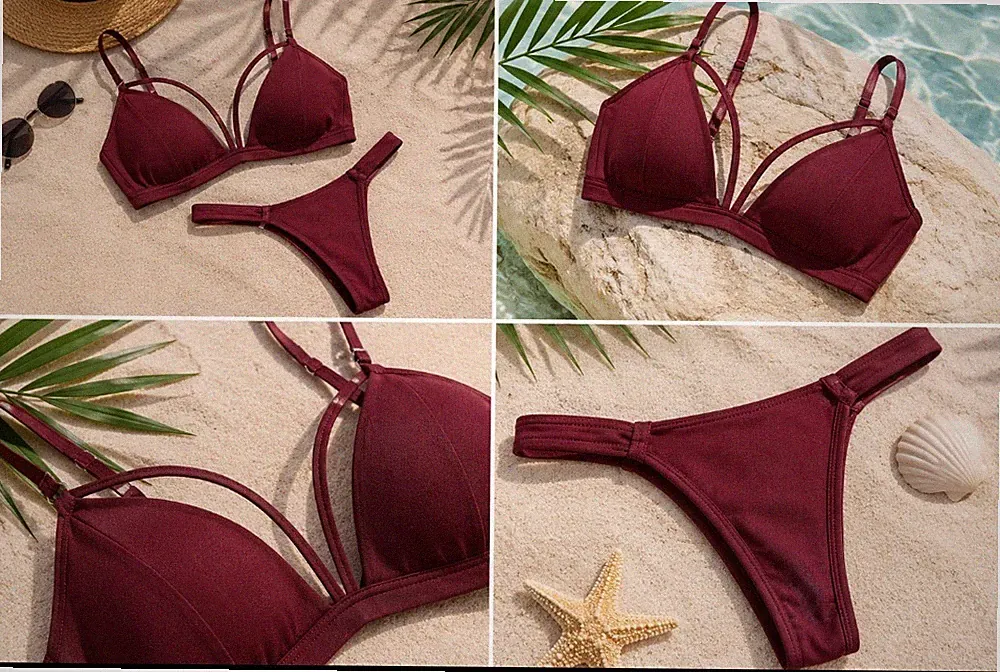 Damen Bikini Set Bordeaux Rot Push Up Zweiteiler Bademode Strand Sommer
