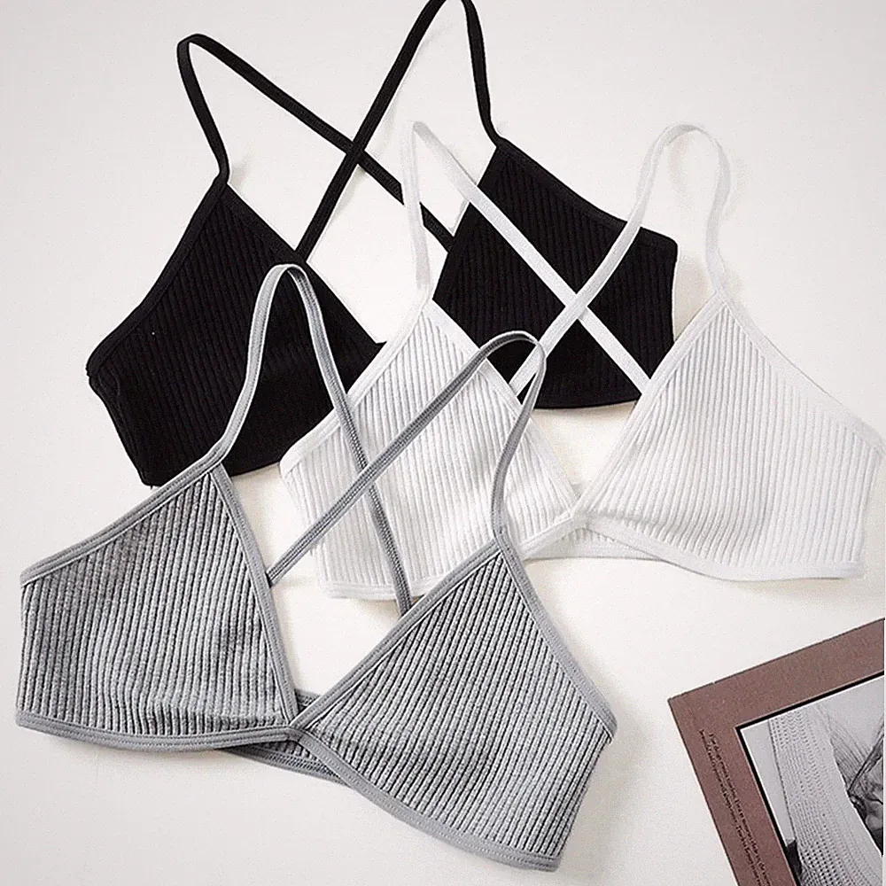 Damen-Bralette-BH gerippt Triangel gekreuzter Rücken Träger weich bequem Dessous | UK