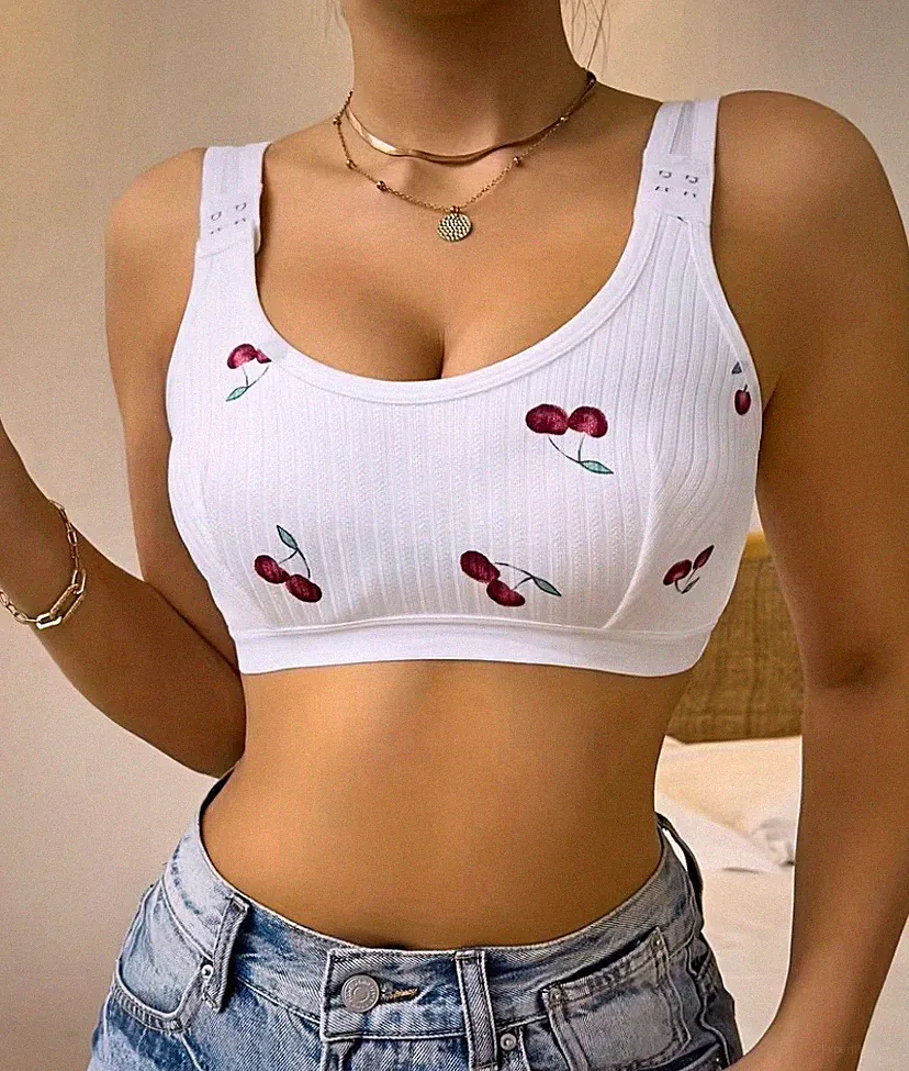 Damen Bralette BH weiß Ripp Kirsche Stickerei bügellos breite Träger S - XXL ovp