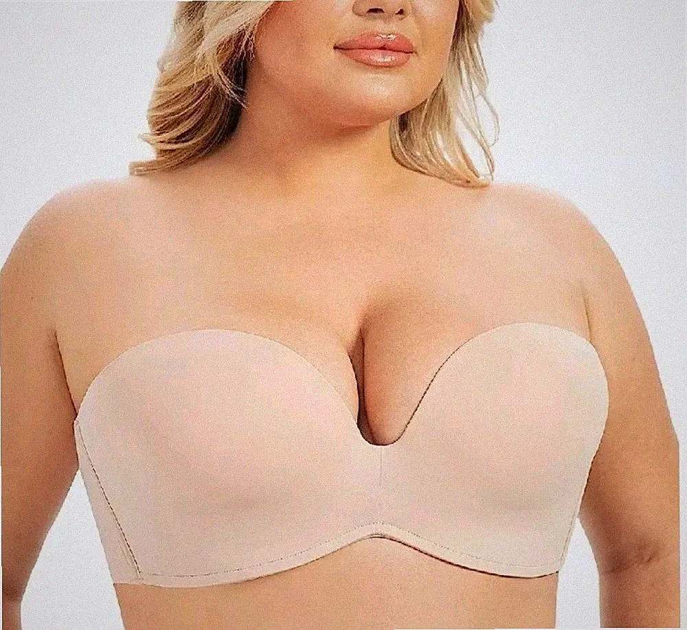 Damen Bügel Anti Rutsch Gepolsterter Push Up Trägerloser BH Beige UK 42D| (REF 2/202)
