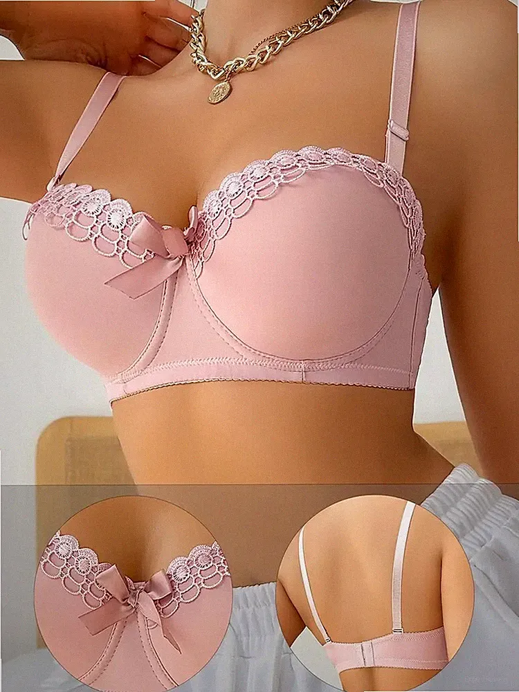 Damen Bügel BH leicht gepolstert mit Spitze & Schleife – Balconette Dessous BH
