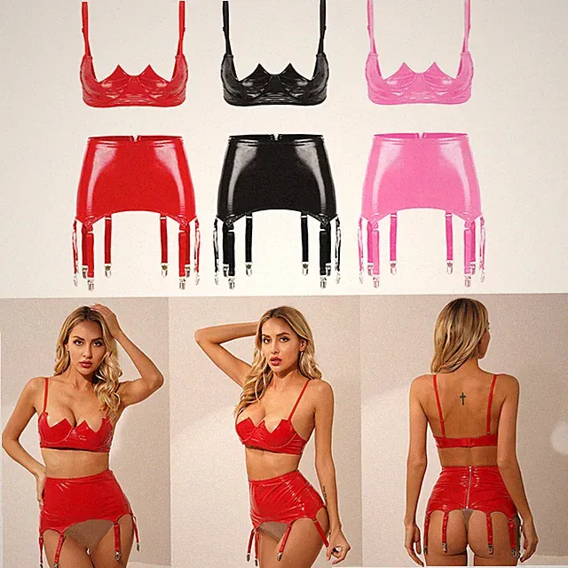 Damen Bügel-BH Tops Lackleder Set Spaghetti Träger Büstenhalter mit Metall Clips