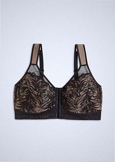 Damen Bügelloser BH mit Frontverschluss Gr. 85 Cup D Schwarz Kreidebeige Neu*