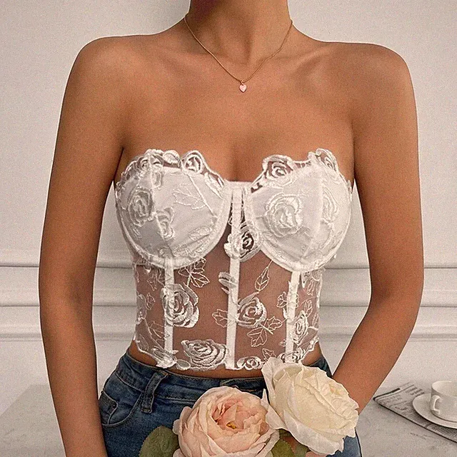 Damen Bustier Bandeau Durchsichtig Spitze Gekürzt Trägerloses Top Mit Erbaut Bh