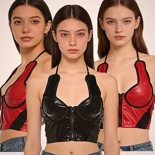 Damen Crop-Top Korsett Tank Vorderen Reißverschluss Tops Ausschnitt Weste Y2K