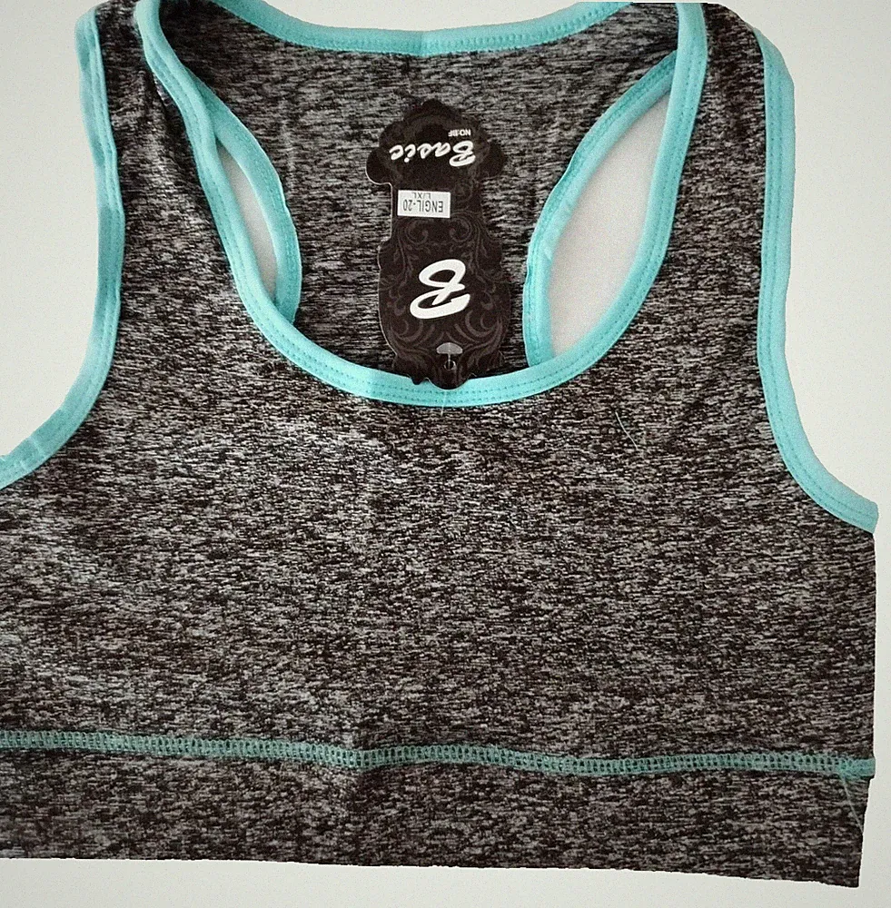 Damen Crop Top Sport BH Fitness Freizeit Gr. L/XL Grau mit Mint