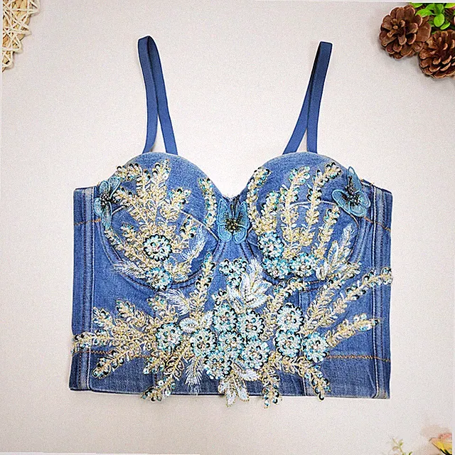 Damen Denim Push Up Bh Bestickt Blume Schmetterling Bustier Gekürzt Top Clubwear