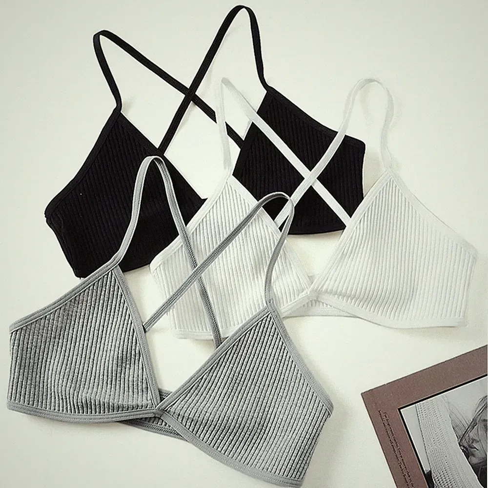 Damen Gerippter Triangel Bralette BH Kreuz Rücken Träger Weich Komfort Dessous