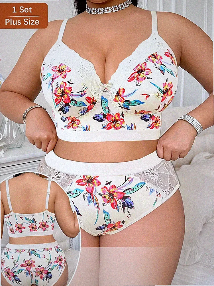 Damen Große Größen Blumen Muster BH Set, drahtloser weicher & bequemer Billig24