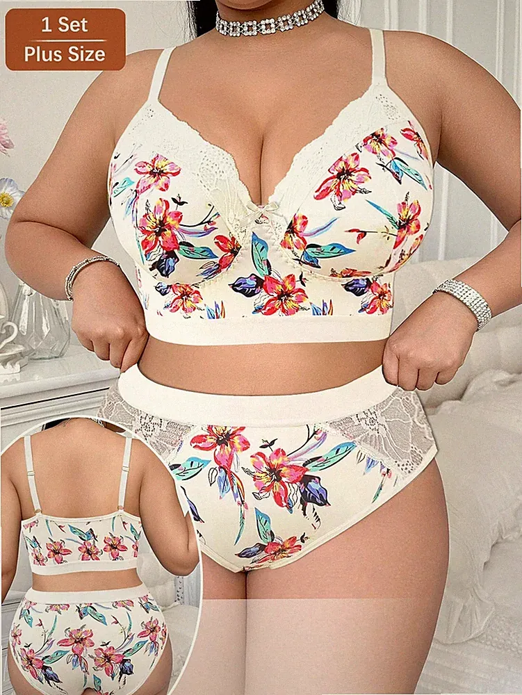 Damen Große Größen Blumen Muster BH Set, drahtloser weicher & bequemer Billig24