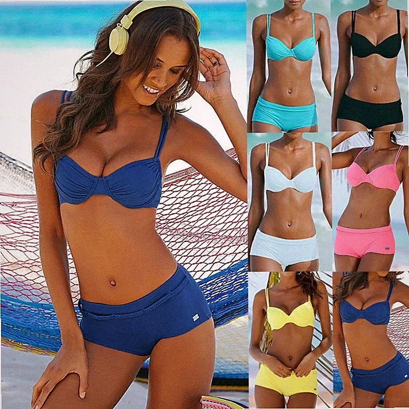 Damen Hohe Taille Bikini Set Satz Push-Up Bh Bandeau Badeanzug Badehose Bademode