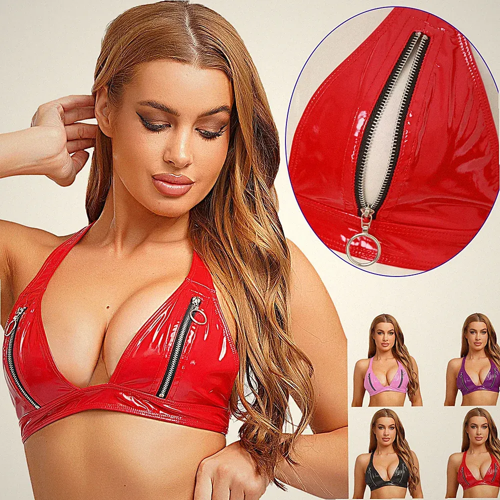 Damen Lack Leder Bh Push Up Bh Wetlook mit Reißverschluss Bralette Unterwäsche
