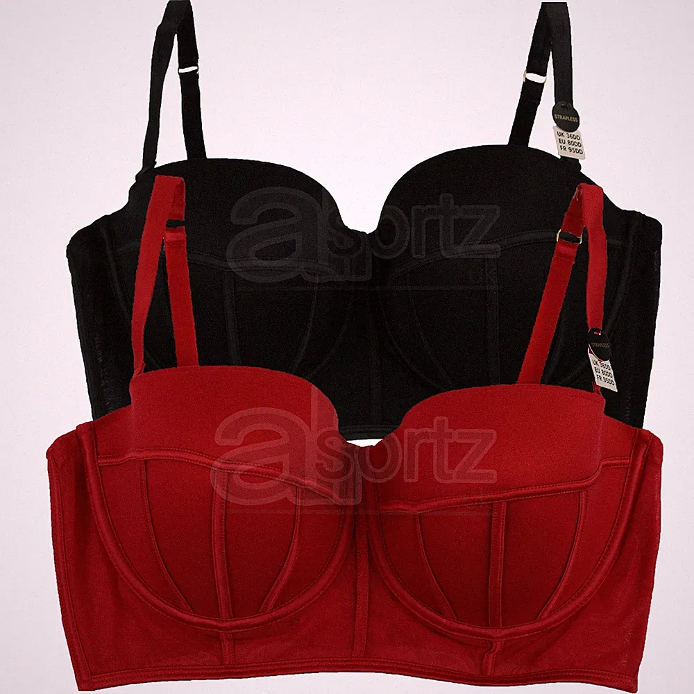 Damen Mädchen ex New Look Longline Bustier Balconett Trägerlos BH Rot oder Schwarz