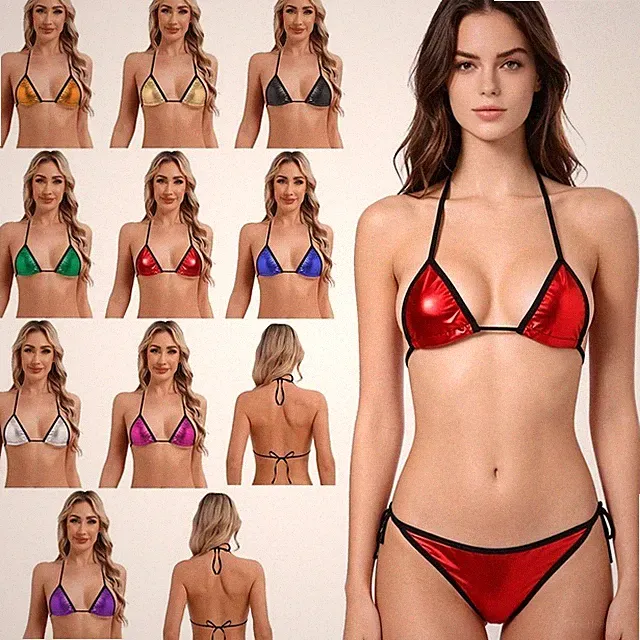 Damen Metallic Glänzend Triangel BH Bra Bralette Neckholder Bikini Top Lace Up