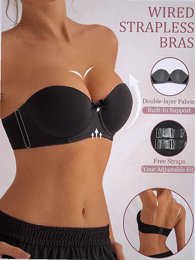 Damen minimalistischer Bügel Bandeau BH mit Schleife und Push up Effekt Billig24