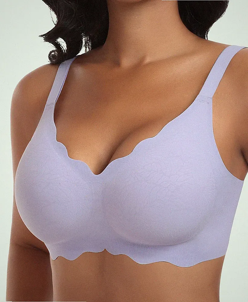 Damen Nahtloser BH Ohne Bügel Tiefem VAusschnitt gewellte Ränder Push Up BH B...