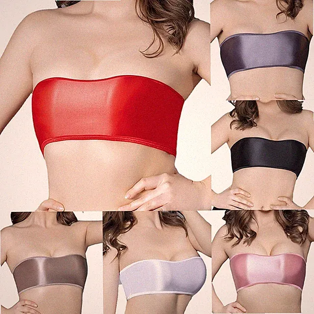 Damen Oily Gloss Bandeau BH Trägerlos Elastisch Crop Top für Enge Unterwäsche