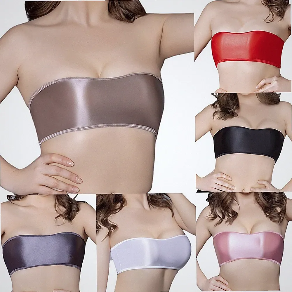 Damen Oily Gloss Tube Trägerloser BH Crop Top mit bequemem Gummizug