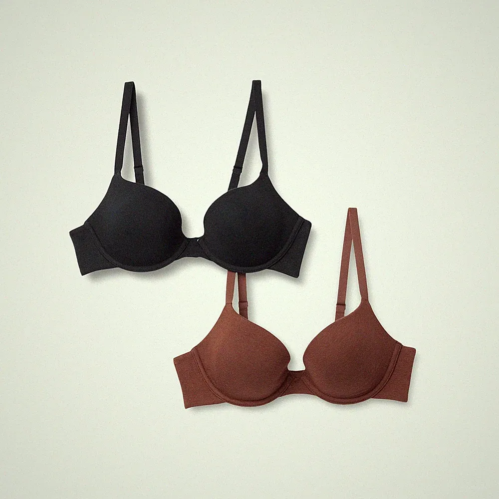 Damen Plunge-BH 70C mit Bügel, Baumwolljersey, 2er-Pack Haselnuss/Schwarz