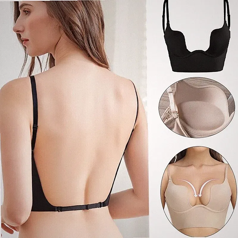Damen Push Up BH Rückenlose Low Cut Tiefe U Plunge Mieder Unsichtbar Unterwäsche