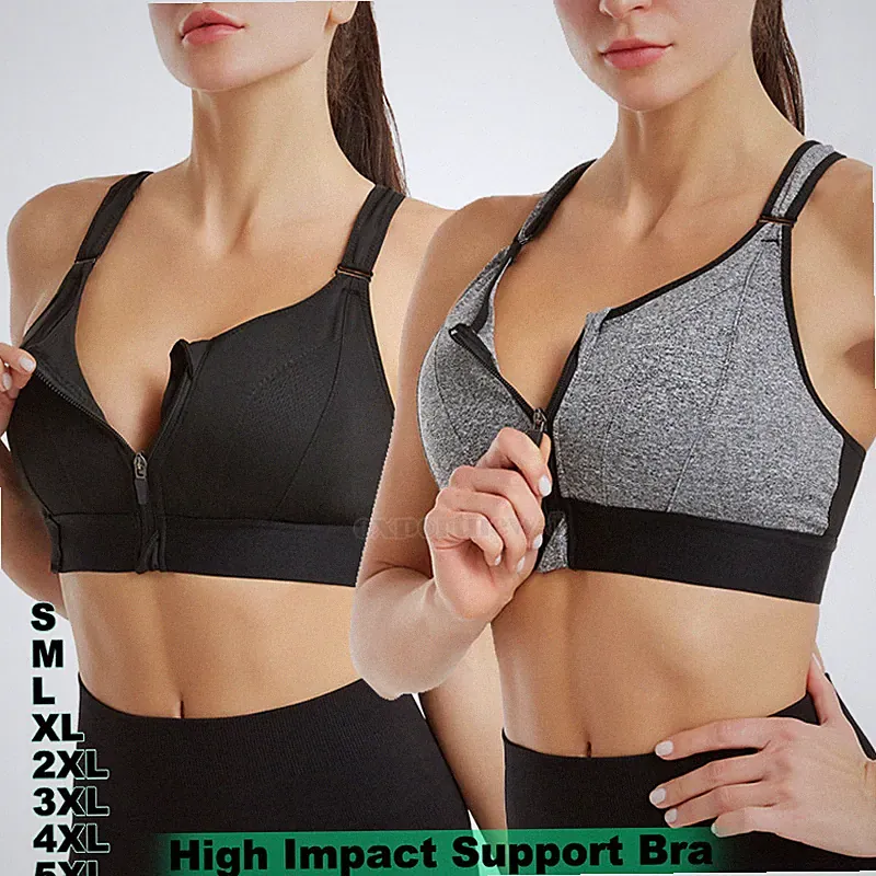 Damen Reißverschluss Sport BH Stark Halt Active Bra Trainieren Bustier Fuer Yoga