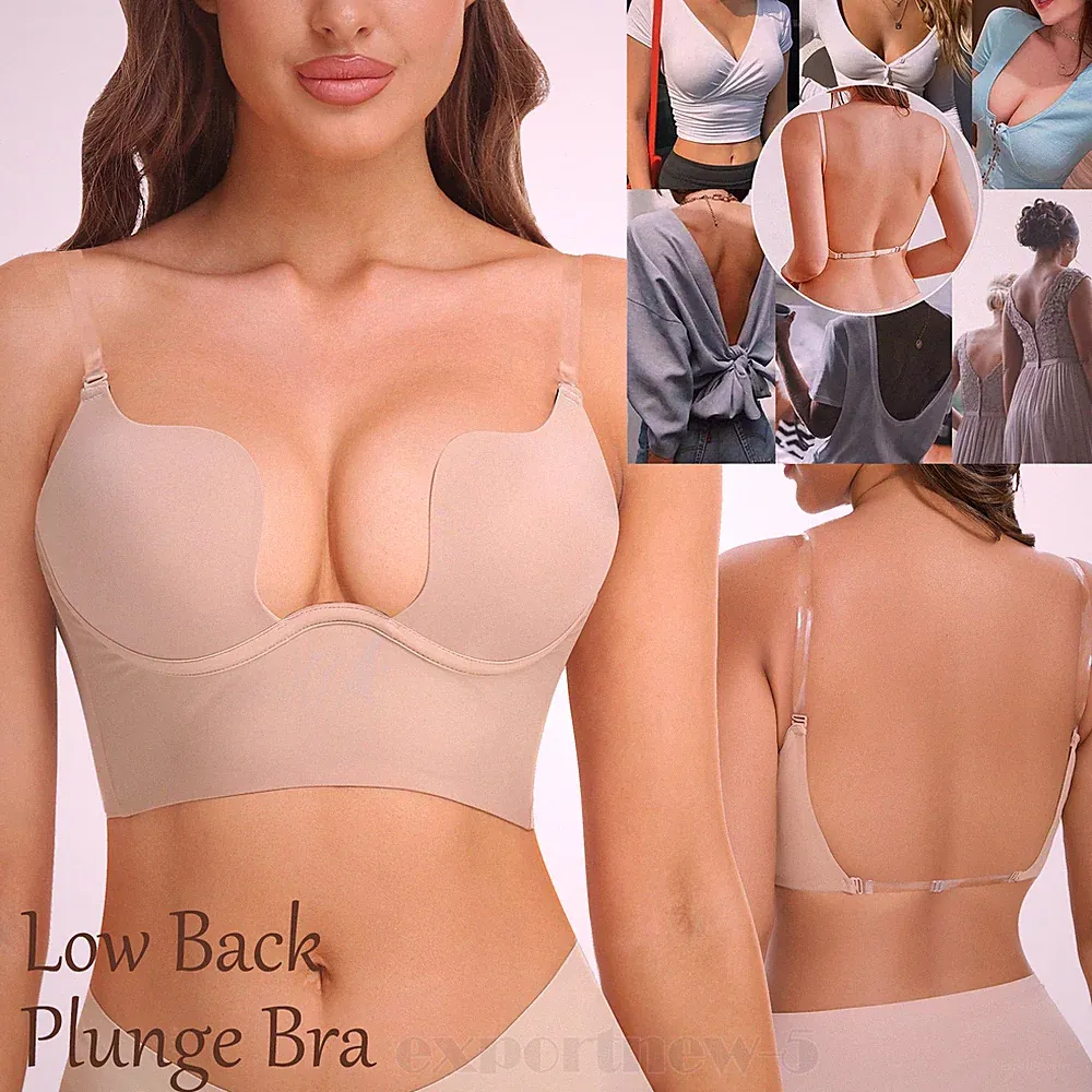 Damen Rückenfrei Bügel BH U-Ausschnitt Backless Durchsichtige Träger Push-up