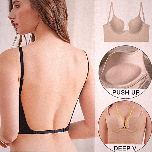 Damen Rückenfreie BHS Push Up Bra Multiway Plunge BH Mit Tiefem U-Ausschnitt BH