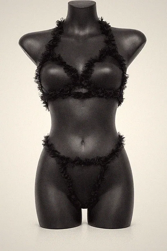 Damen Rüschen Stretch Spitze offen BH & Schritt offen Höschen Set schwarz